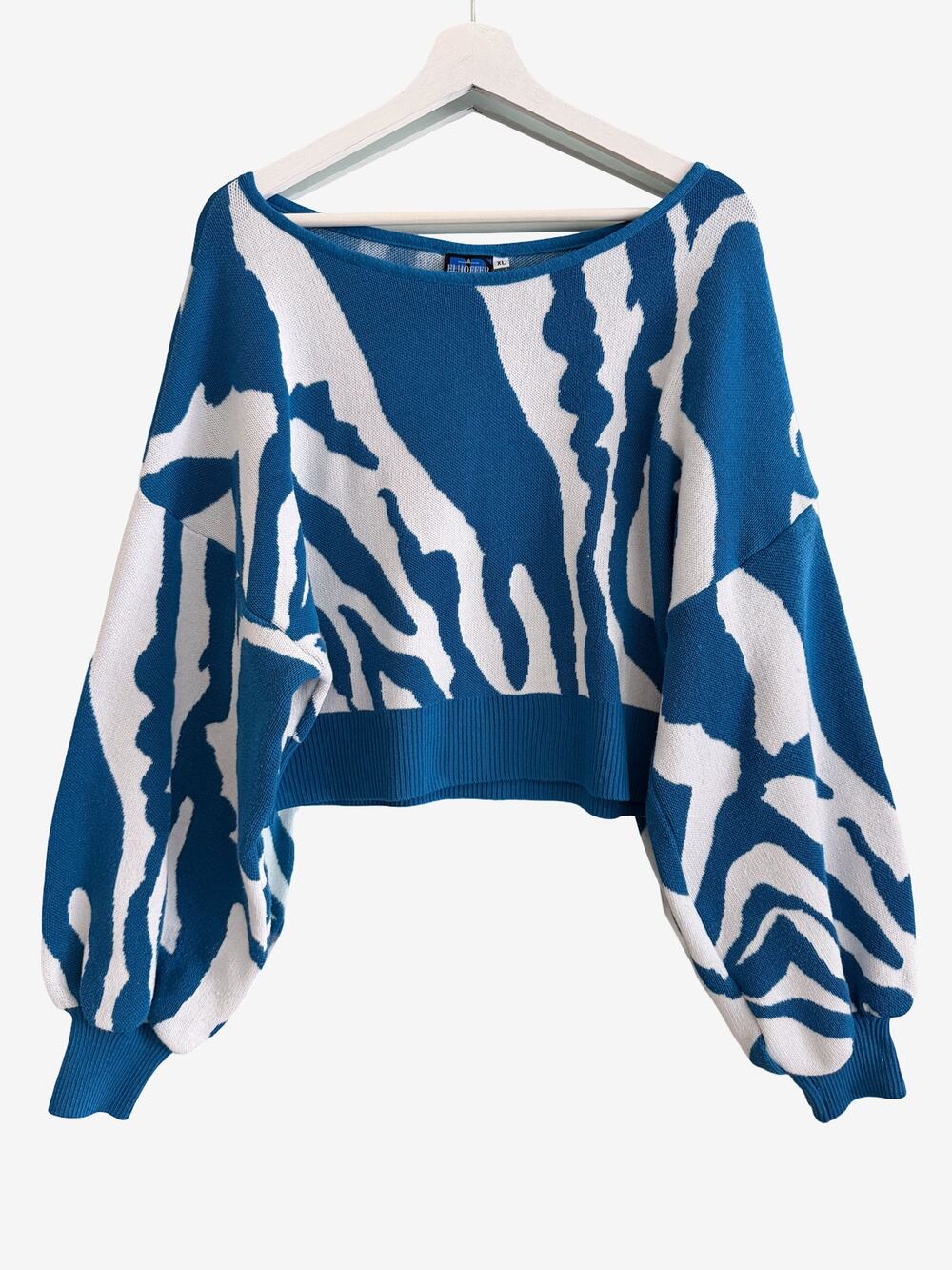 Elhoffer Designs Sweater XL Balloon Sleeve Pullover Blue Print
